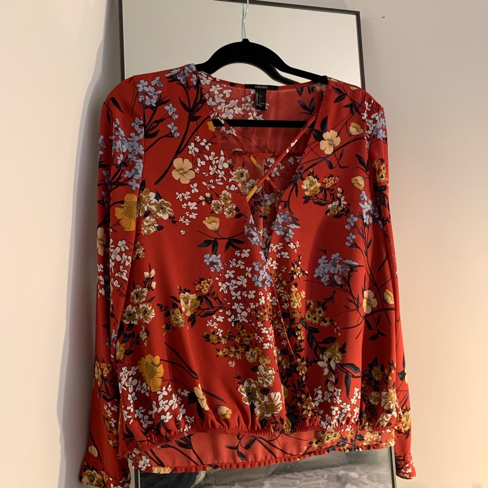 F21 Red Floral Blouse with Cross Front